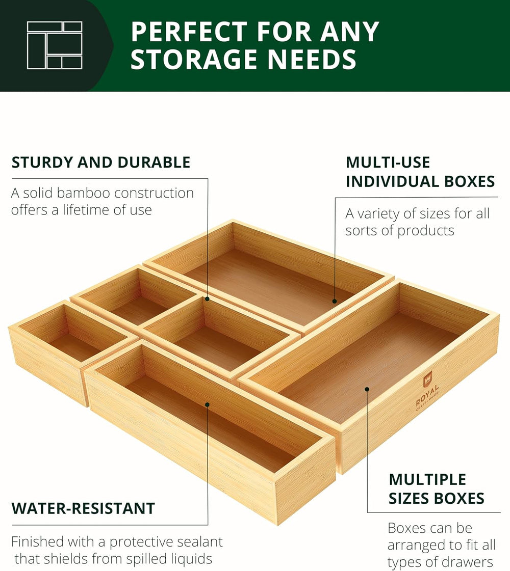 ROYAL CRAFT WOOD 5-Piece Bamboo Drawer Organizer Set โ Multi-Use Storage Tray...