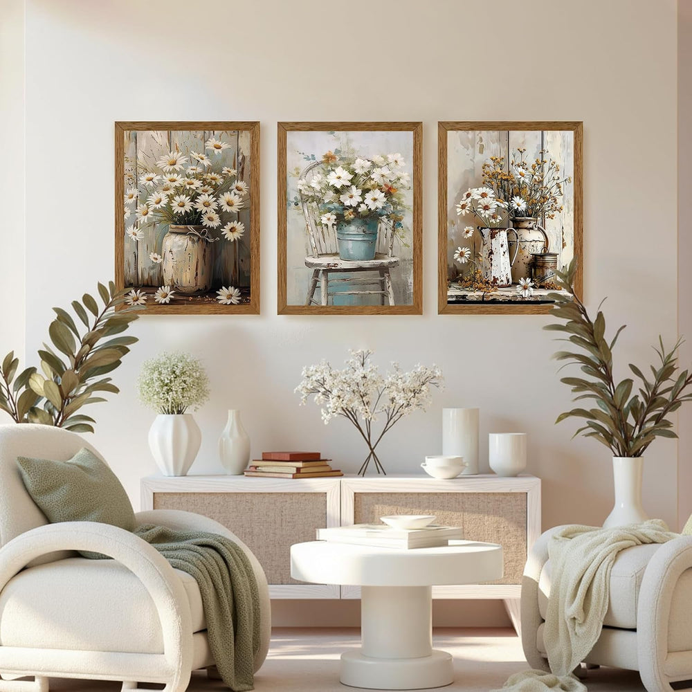 DUWQU Triptych Rustic Farmhouse Daisy Framed Canvas Wall Art 12x16 inch x3