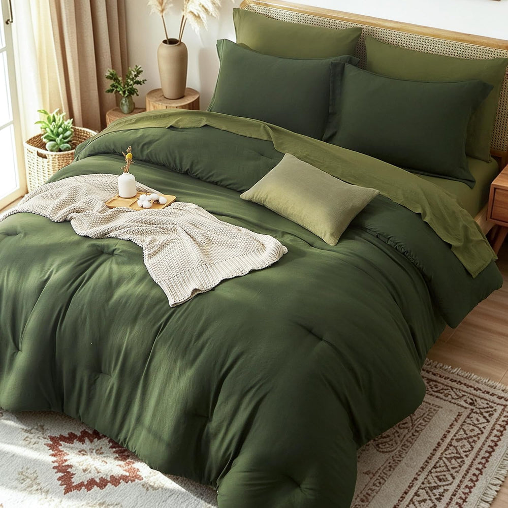 Prewashed King Size Comforter Set 7 Pieces, Dark Green Bed Set