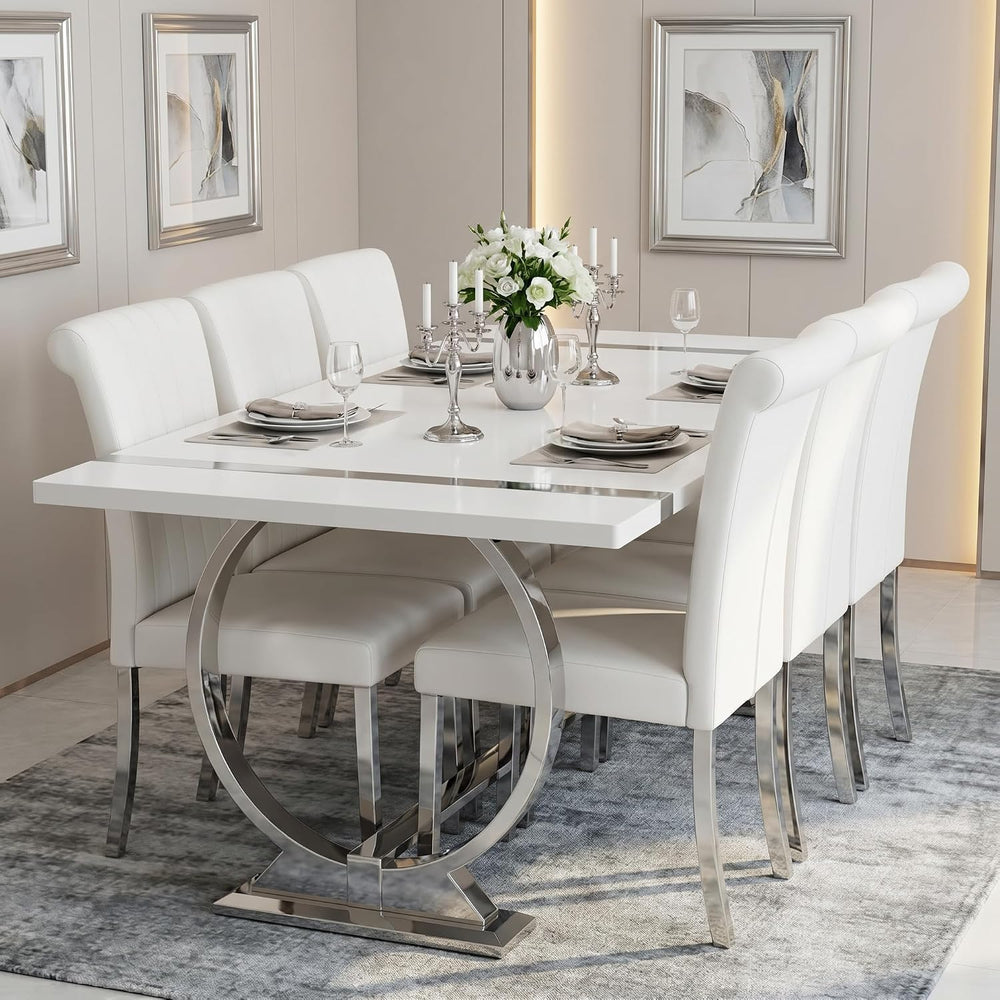 ACEDÉCOR White Faux Leather Dining Chairs Set of 2 with Silver Metal Legs