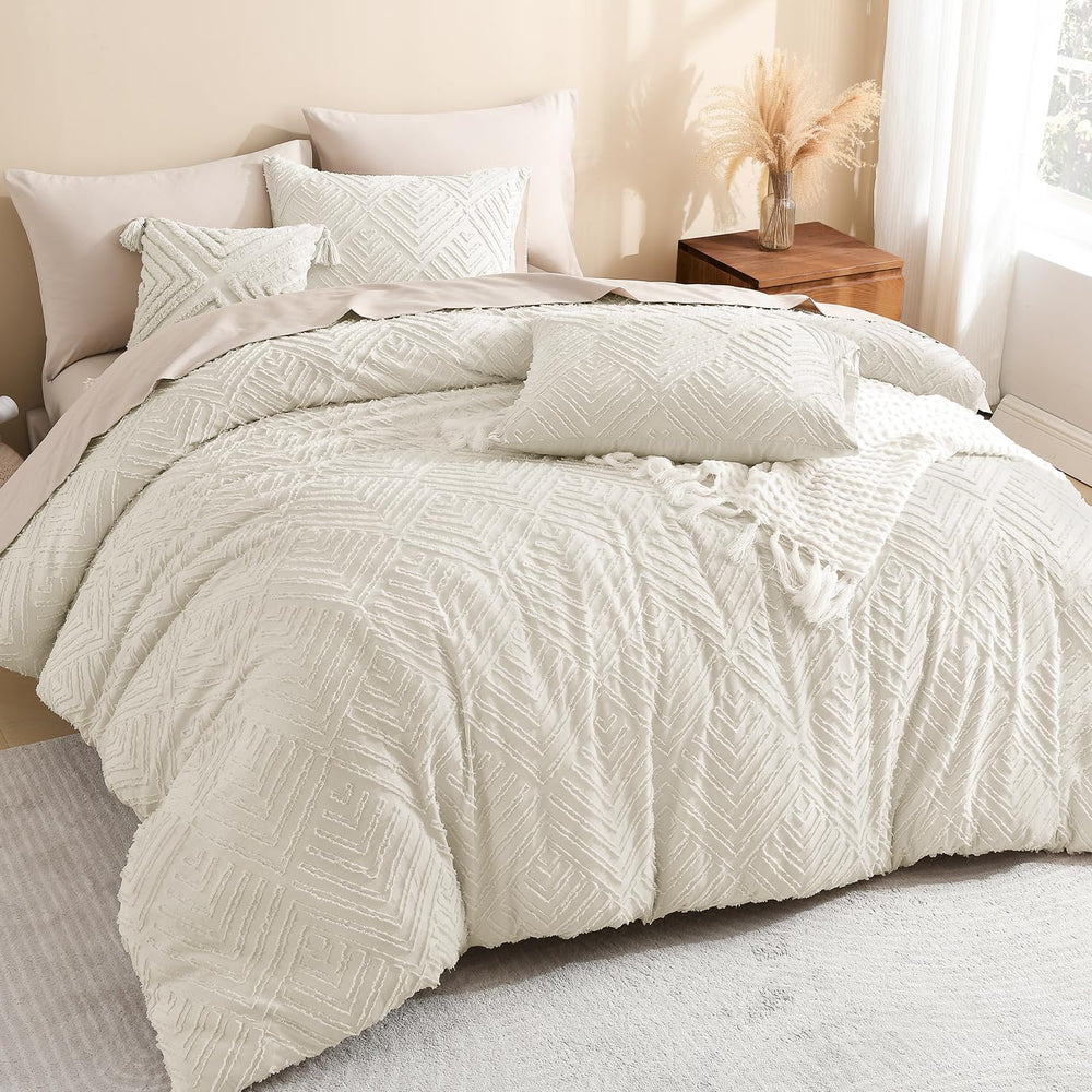Litanika California King Comforter Set, 3 Pcs Beige Tufted Boho Bedding Set