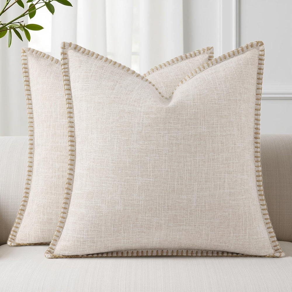 decorUhome Beige Faux Linen Outdoor Throw Pillow Covers 26x26 Set of 2