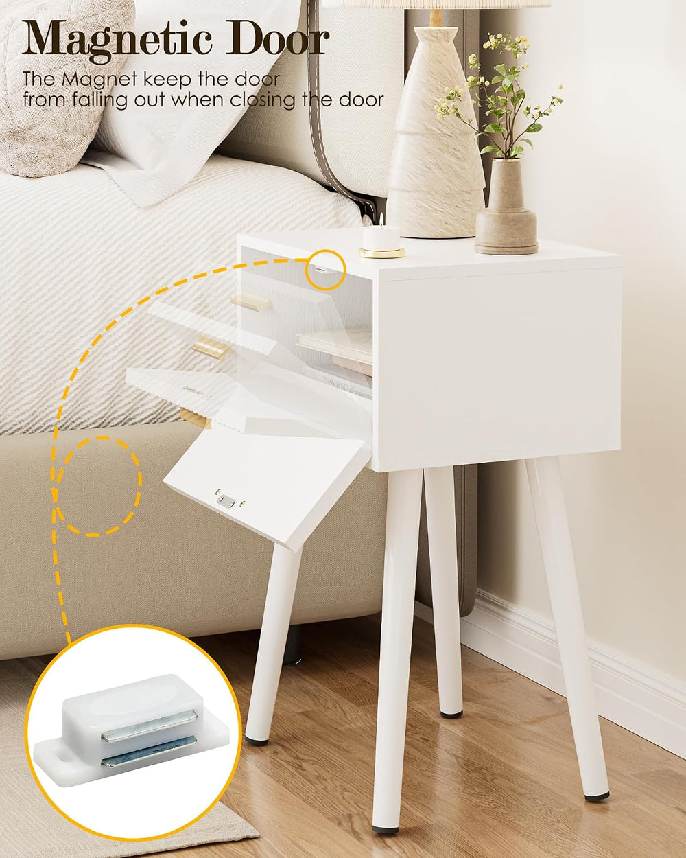 Night Stand Set 2, Modern Nightstand with Fluted Doors, White