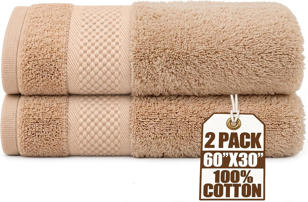 100% Cotton Soft Luxury Bath Towels Set of 2, Lightweight, Quick Dry, Beige