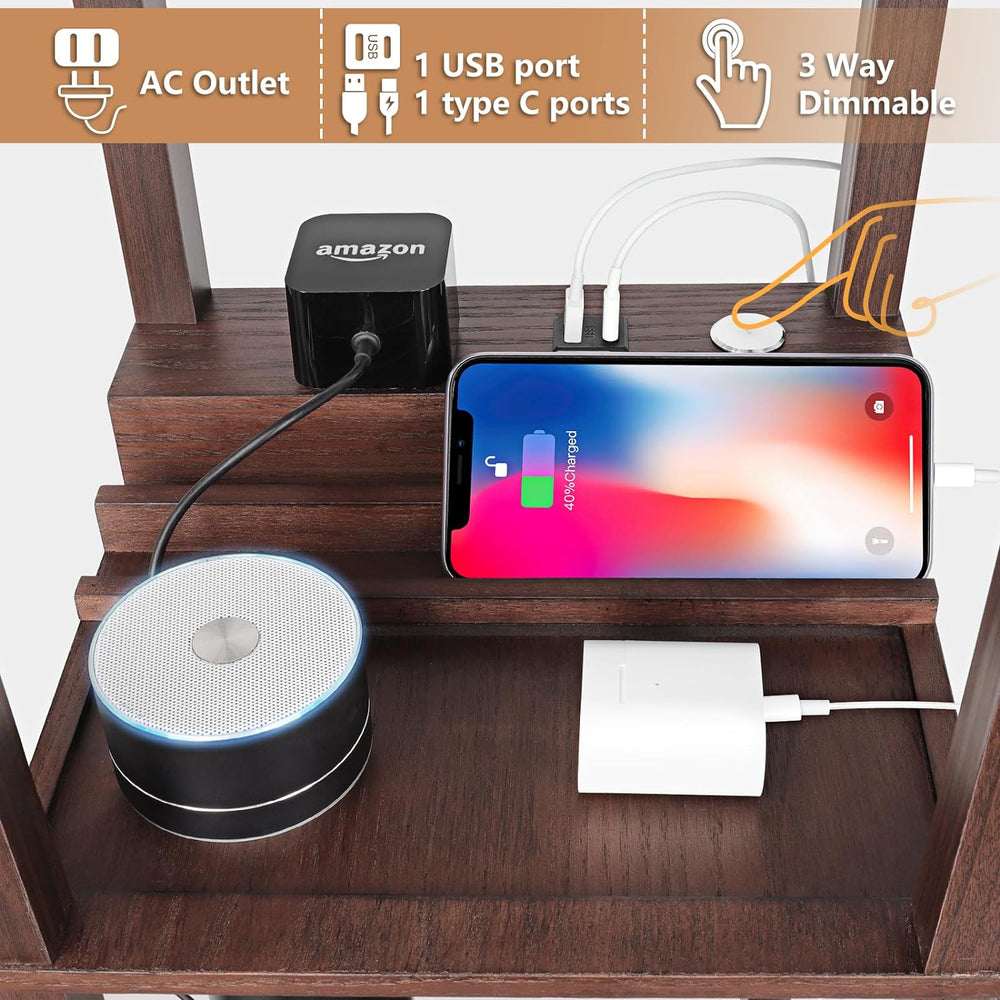 FOLKSMATE Floor Lamp with Shelves Touch Control Charging USB Type C Brown