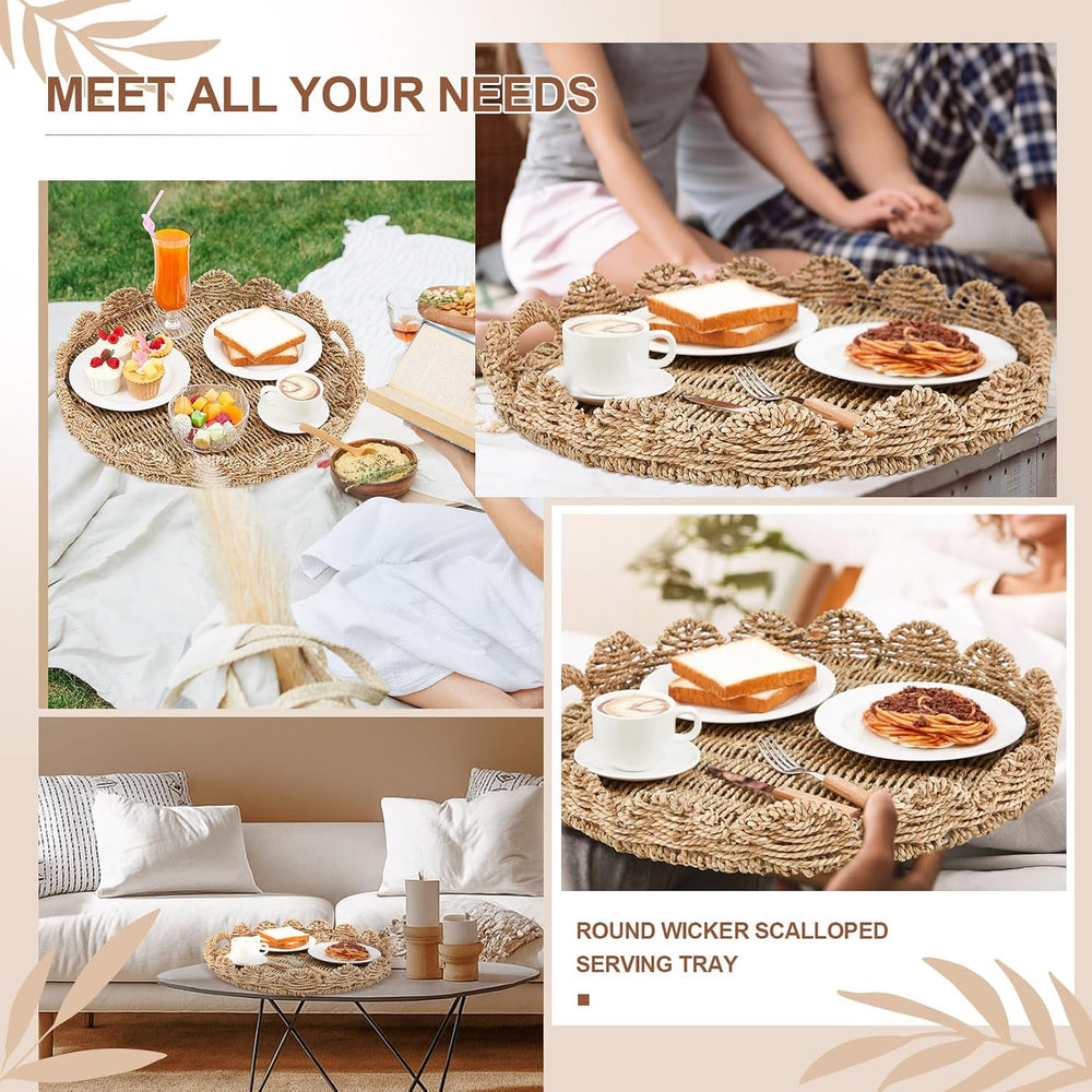 20" Round Wicker Serving Tray with Handles, Scalloped Rim, Seagrass