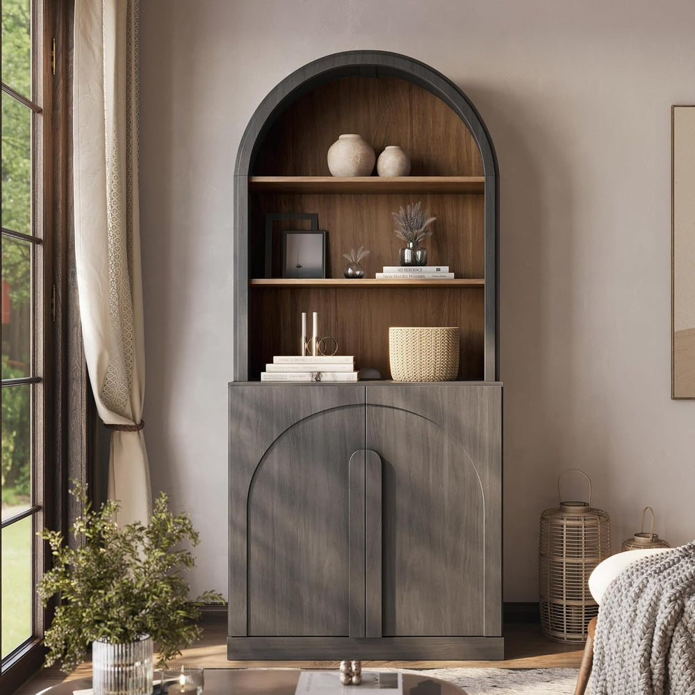 BELLEZE 71" Tall Storage Cabinet with Arched Hutch, Wooden Sideboard Buf...