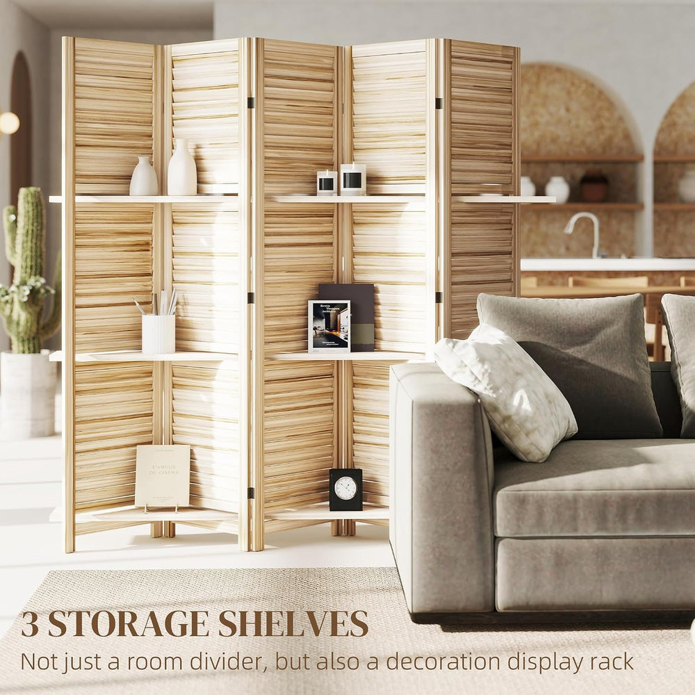 HOMCOM Room Divider with Shelves, 5 Panel, 67" Tall, Natural Wood