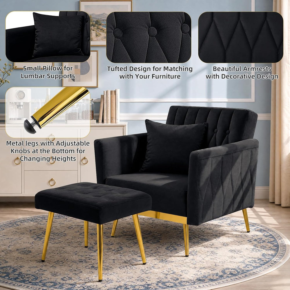 Velvet Accent Chair w/Ottoman & Adjustable Backrest, Black