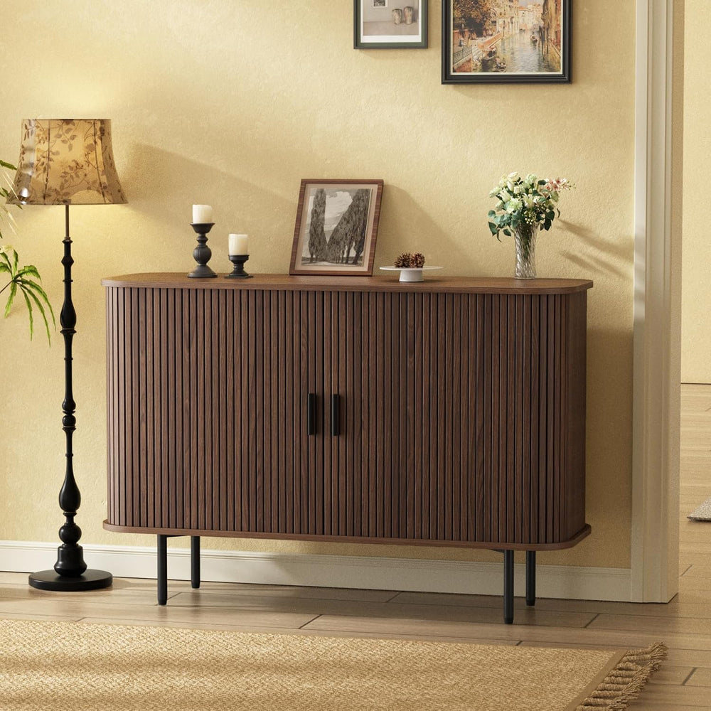 Fluted Sideboard Buffet Cabinet, Sliding Door/Adjustable Shelf, Walnut