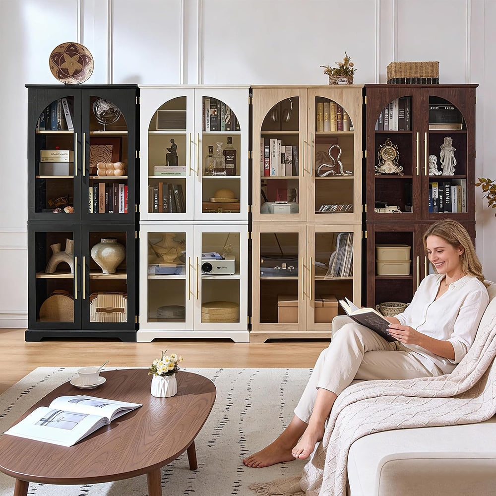 Joaxswe 68" Tall Bookshelf with 4 Glass Doors, Farmhouse 5 Tire Bookcase