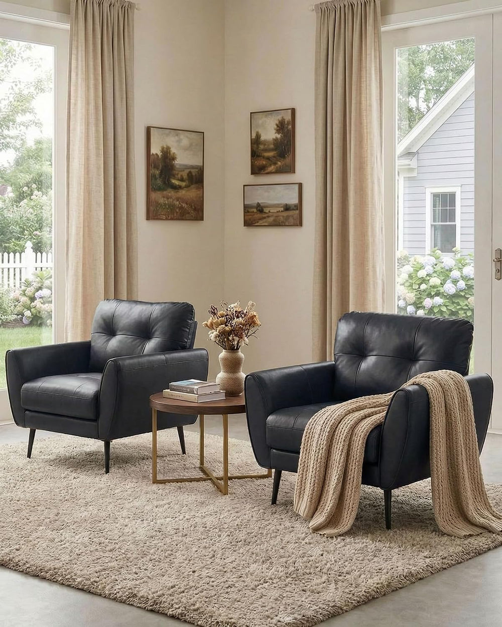 Black Leather Accent Chairs Set of 2, Tufted Reading Chairs for Living Room