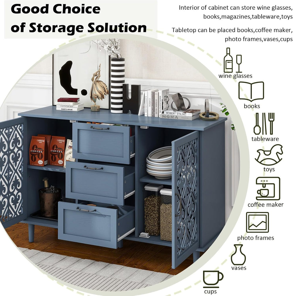 Sideboard Buffet Cabinet, Blue 2 Door 3 Drawer Storage Credenza