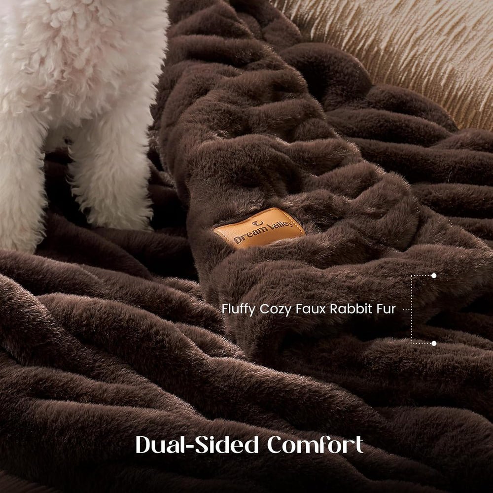 Dream Valley Double-Sided Faux Rabbit Fur Throw Blanket,Dark Brown,60"x8...