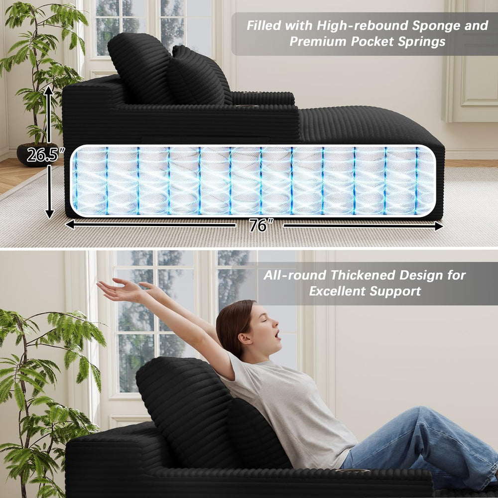 50" x 76" Corduroy Chaise Lounge Sofa Bed with Cup Holders, Black