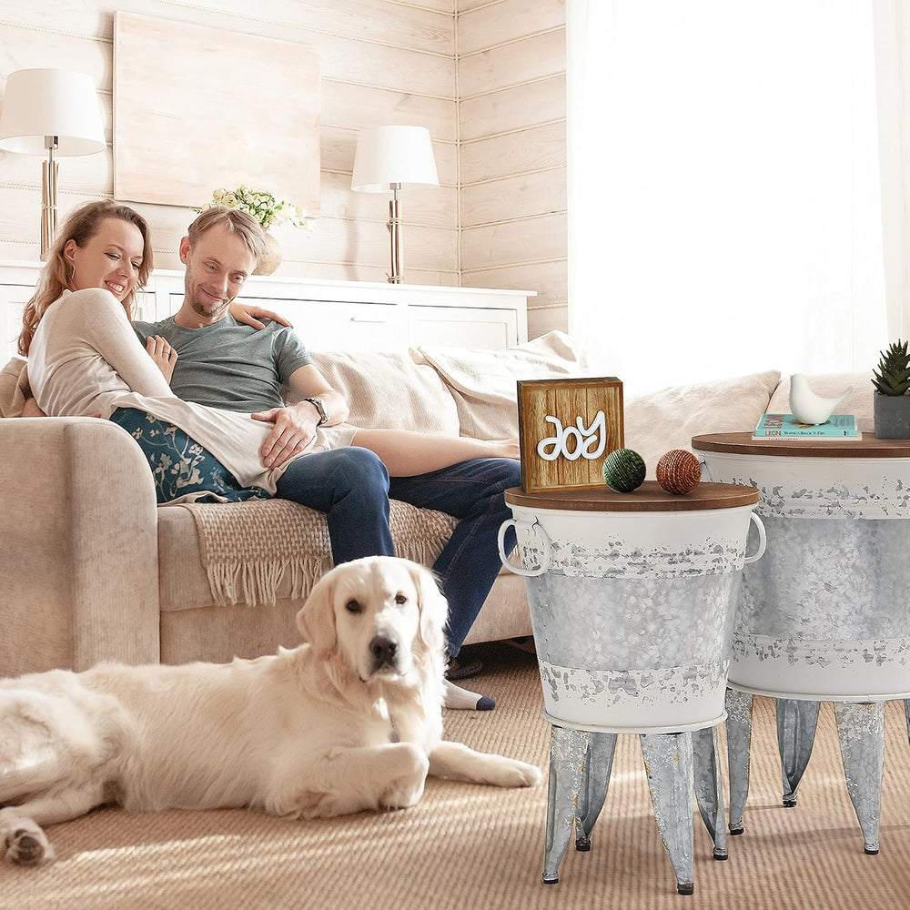 RUSTOWN Farmhouse Side Tables Set of 2, Galvanized Metal Bucket End Table