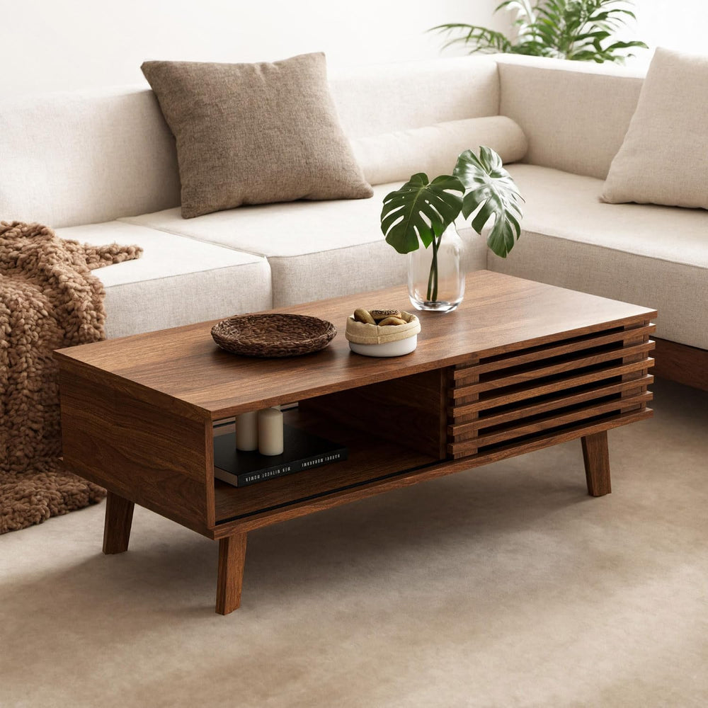 MAISONARIA Mid Century Coffee Table with Storage & Sliding Fence Door, Mo...