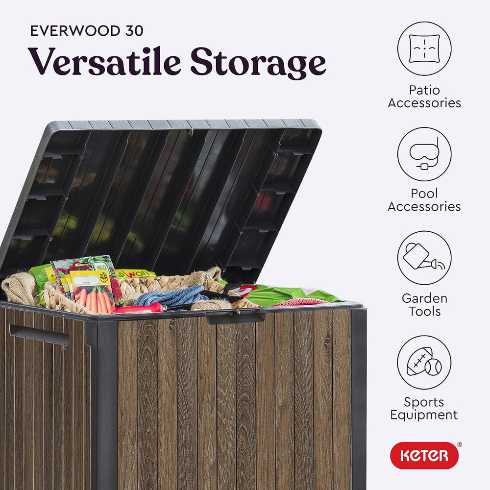 Keter Premium Everwood 30 Gal Outdoor Storage Box and Patio Side Table