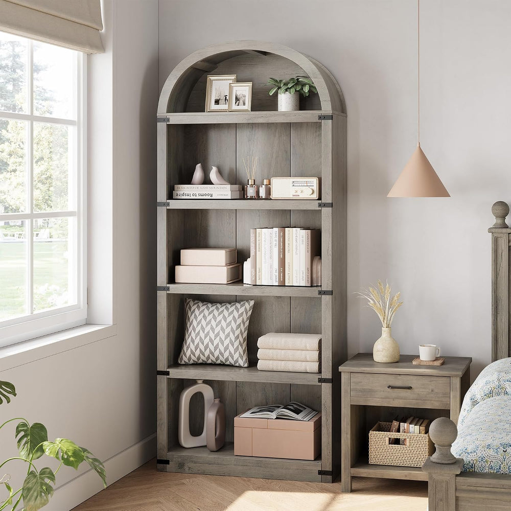 GarveeHome Bookcase 5 Shelf Arched Bookshelf 71.65 in Tall Bookcase Farmhouse...