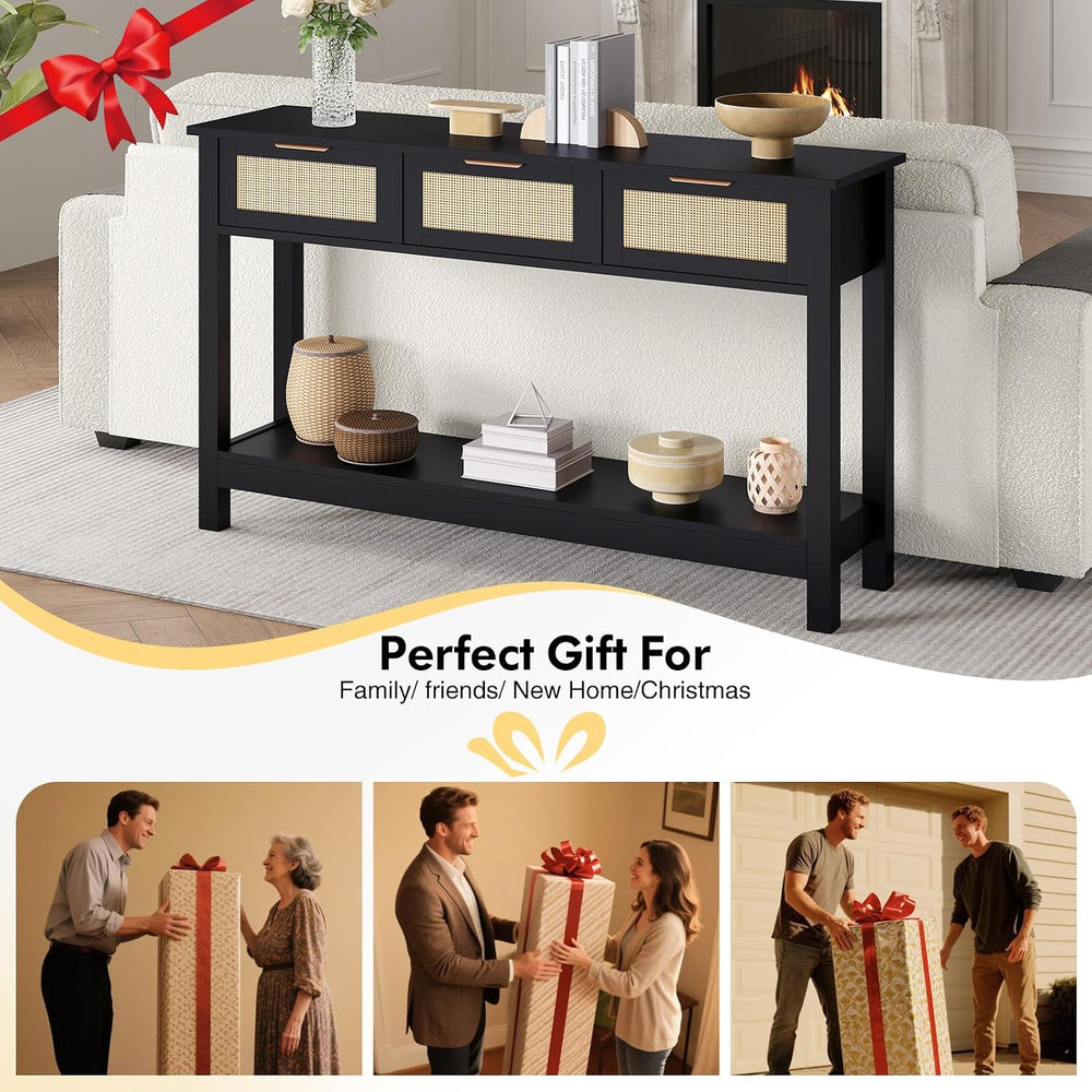 Luoxiao Rattan Console Table 3-Drawer 47" Narrow Black Entryway Sofa Table