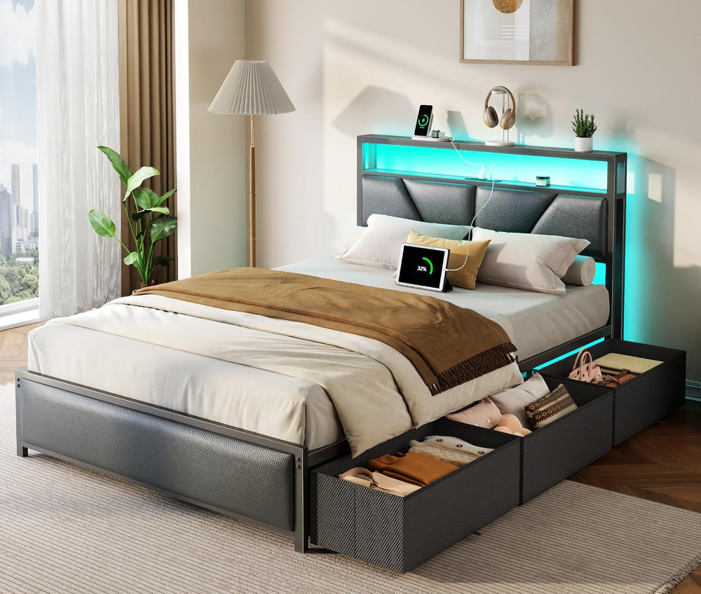 OURPIC Full Size Bed Frame with Storage Headboard, 6 Drawers, LED&Charging