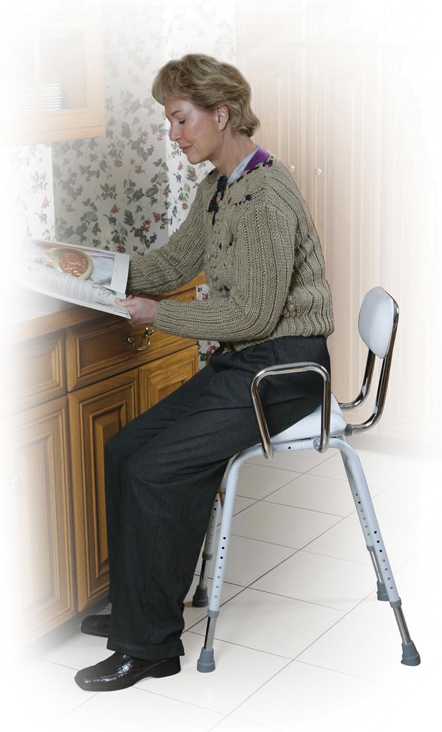 Drive Medical 12455 Adjustable Height Stool with Back and Arms, White