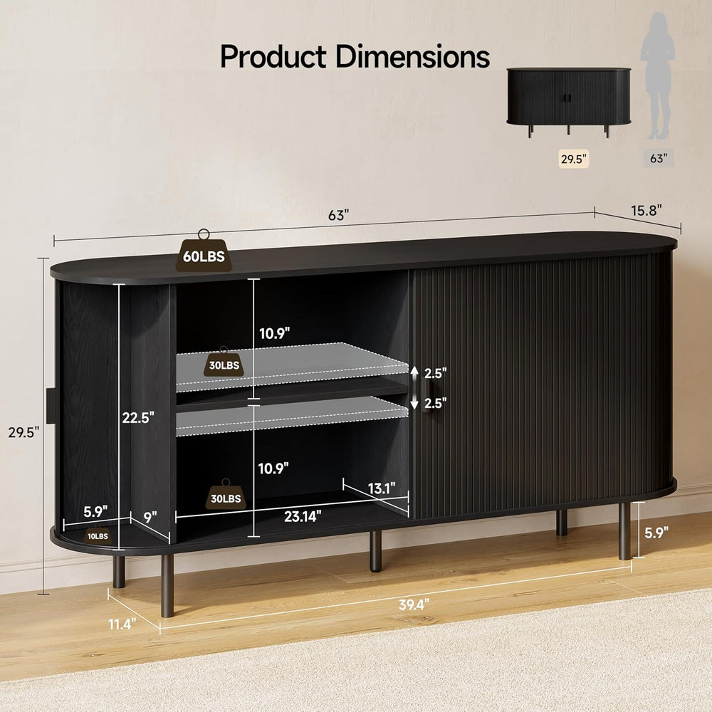 ComfyCorner 63" Fluted Buffet Sideboard Cabinet with Sliding Door, Black
