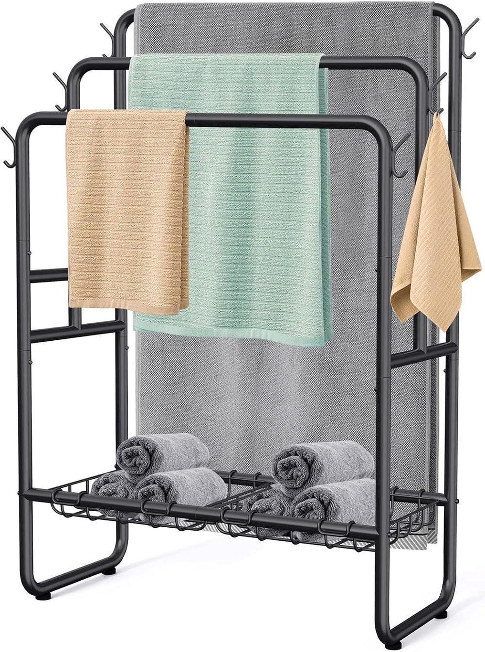 Kayfia 40'' Freestanding 3 Tier Metal Towel Rack, 2 Baskets & 6 H...
