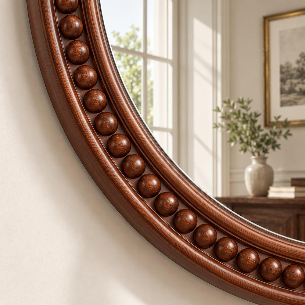 30" Rustic Round Wood Mirror with Beads Walnut Reddish Brown
