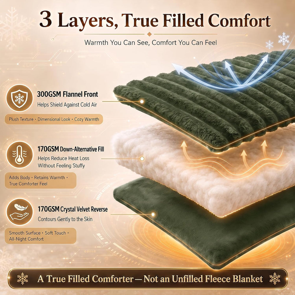 CozyLux Fleece King Size Comforter Set, 3 Piece Warm Olive Green Bedding