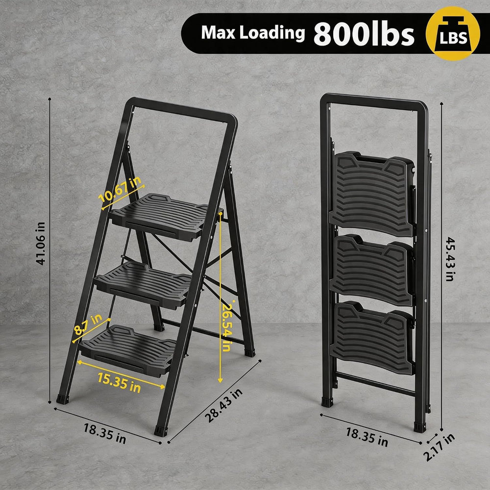 TOOLF 3-Step Ladder with Wide Pedals, Folding Steel Step Stool, Black