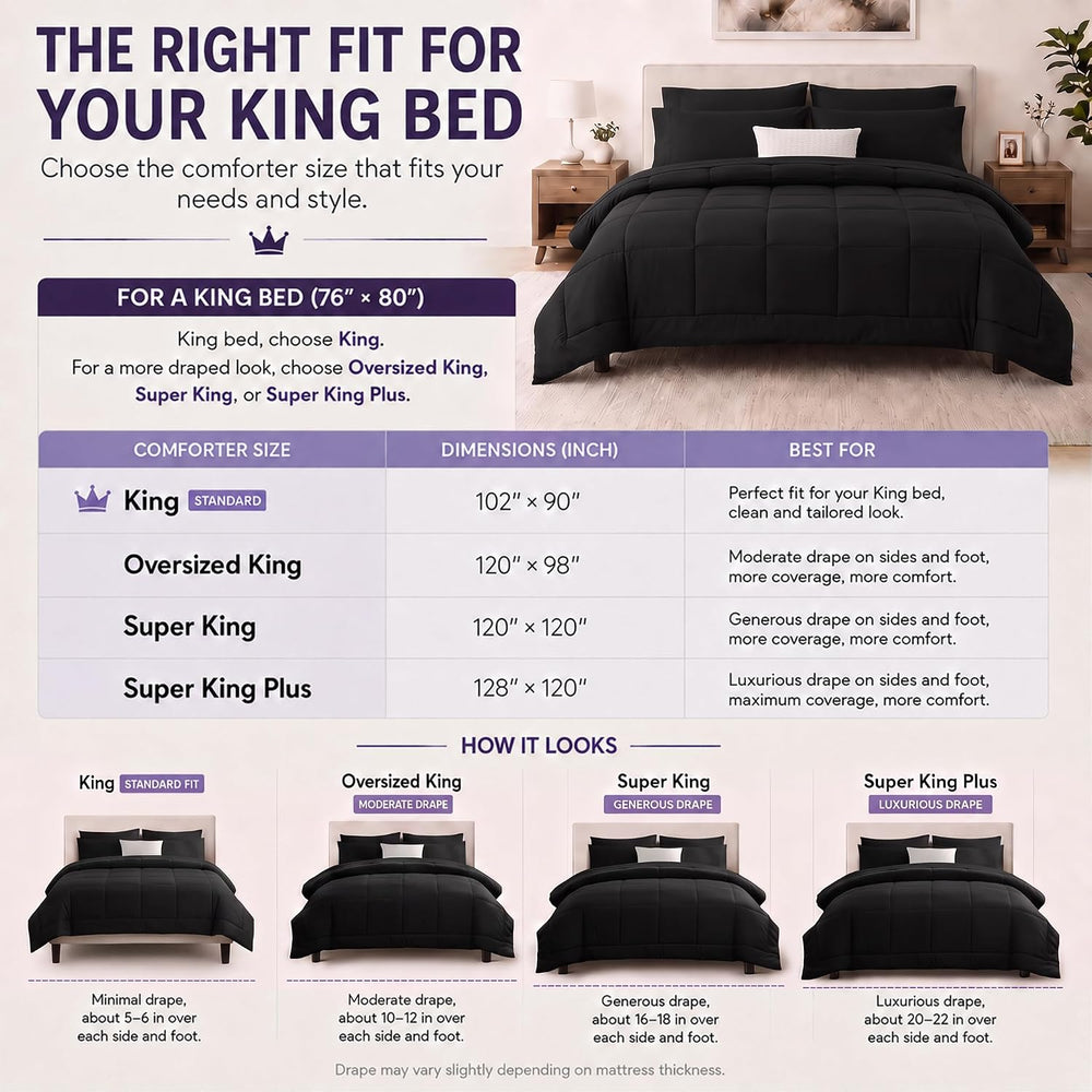 CozyLux King Size Comforter Set Black - 7 Pieces Bed in a Bag