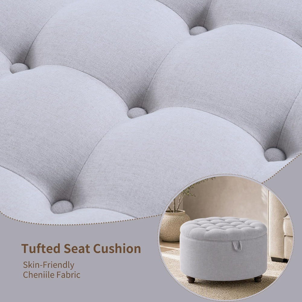 30" Round Storage Ottoman Coffee Table, Tufted Lid & Wood Top, Gray