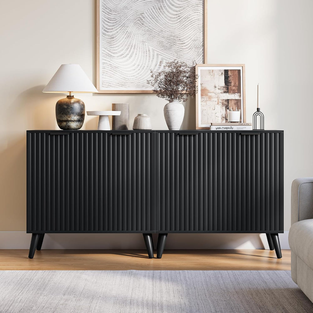 Black Sideboard Buffet Cabinet with Storage, 2 Doors Modern Fluted Buffet Cab...