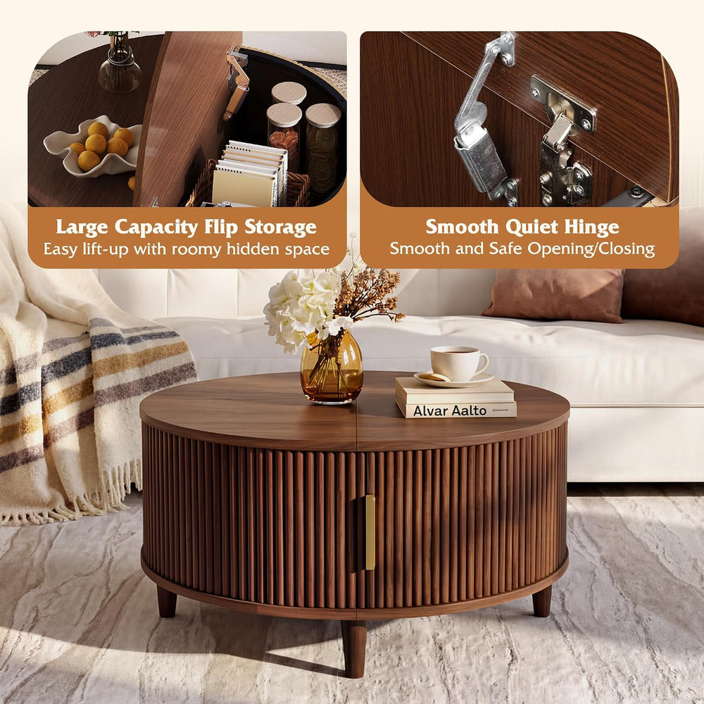 WLIVE 31.5" Round Coffee Table with Storage, Walnut Brown