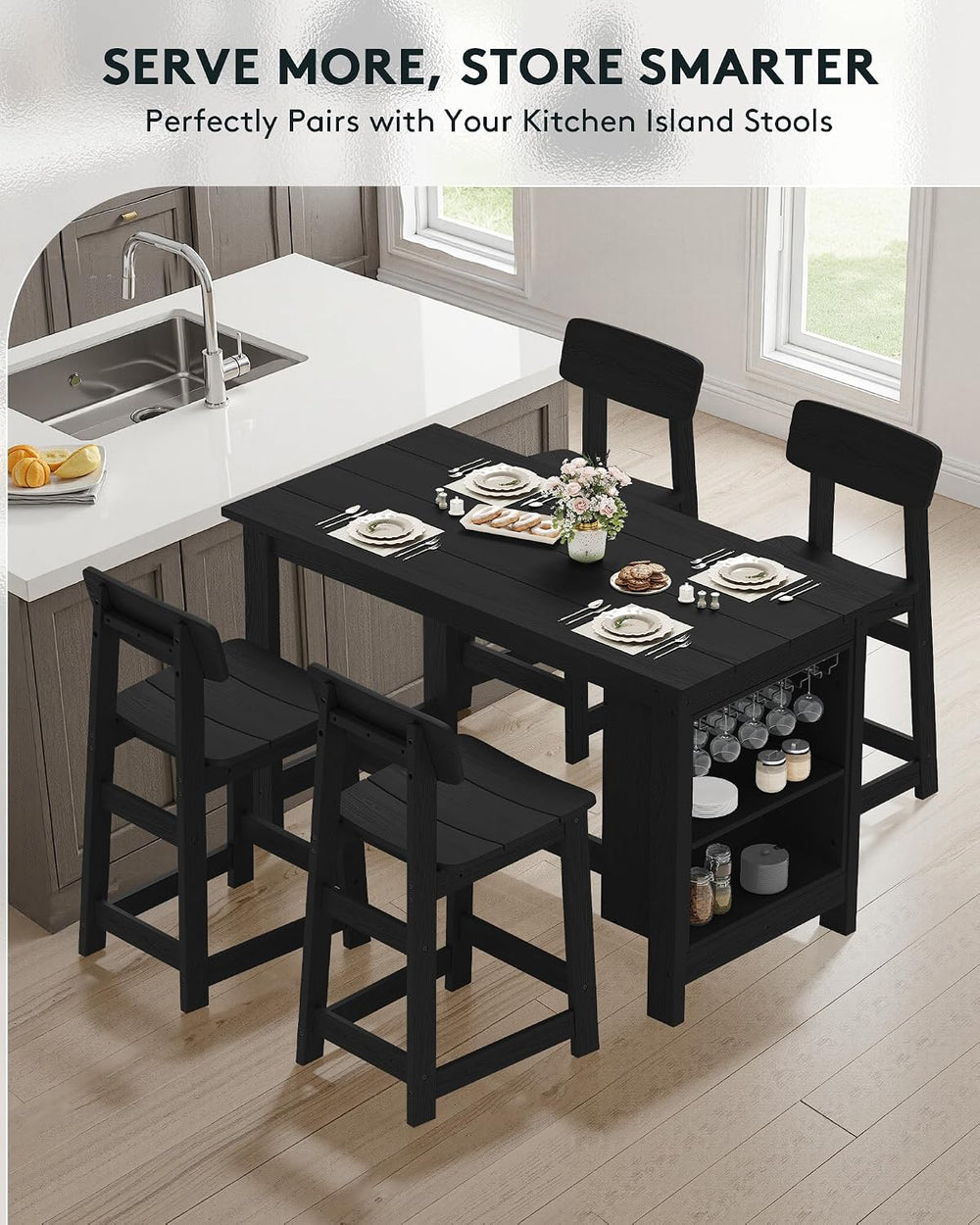 SERWALL Outdoor HDPE Counter-Height Bar Stools Set of 2, Black