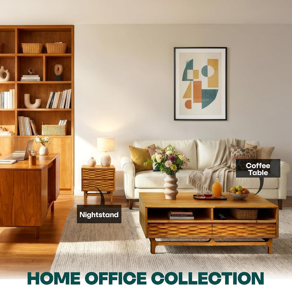 Acacia Elara 47" Wood Coffee Table with Open Shelf & 2 Drawers, Caramel