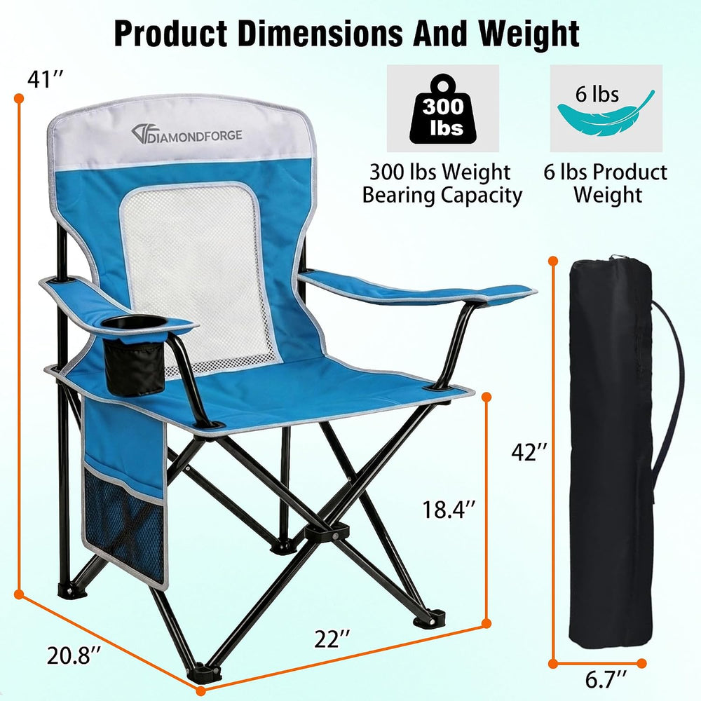 Camping Chairs, 300 LBS Breathable Mesh Lawn Chairs 2 Packs, Blue White