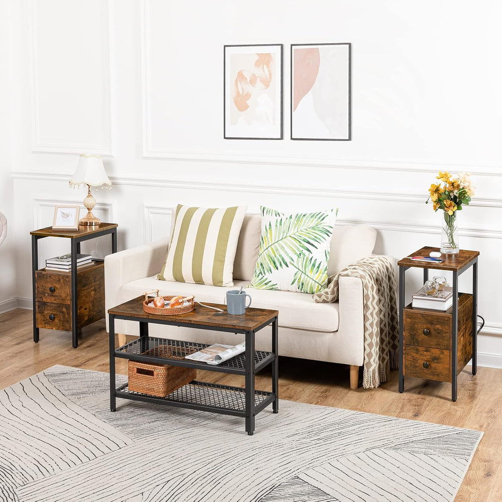 HOOBRO Set of 2 End Tables with Charging Station, Narrow Side Table with Draw...