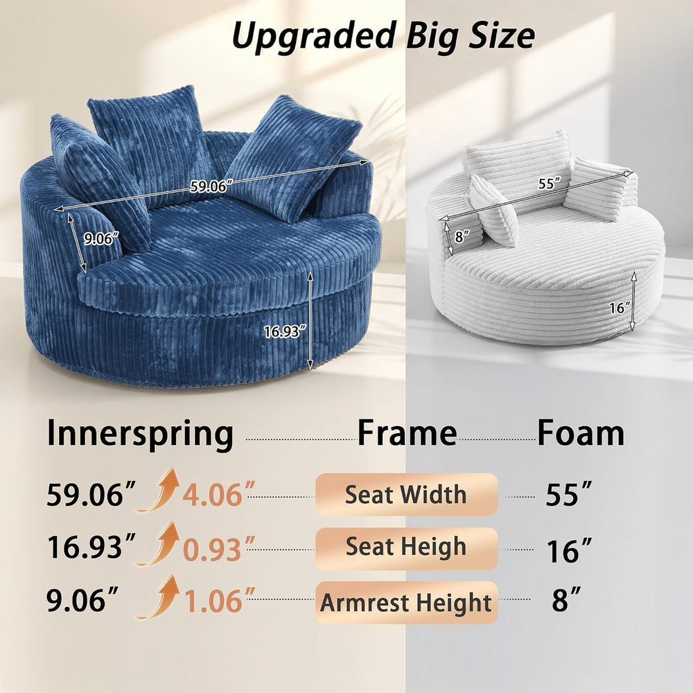 59" Oversized Round Chaise Lounge Chair Indoor with Throw Pillows