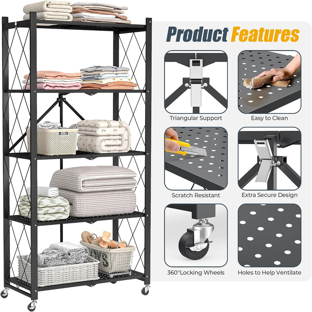 Storage Shelves with Wheels, 5 Tier Metal Collapsible Shelving Unit, Heavy Du...