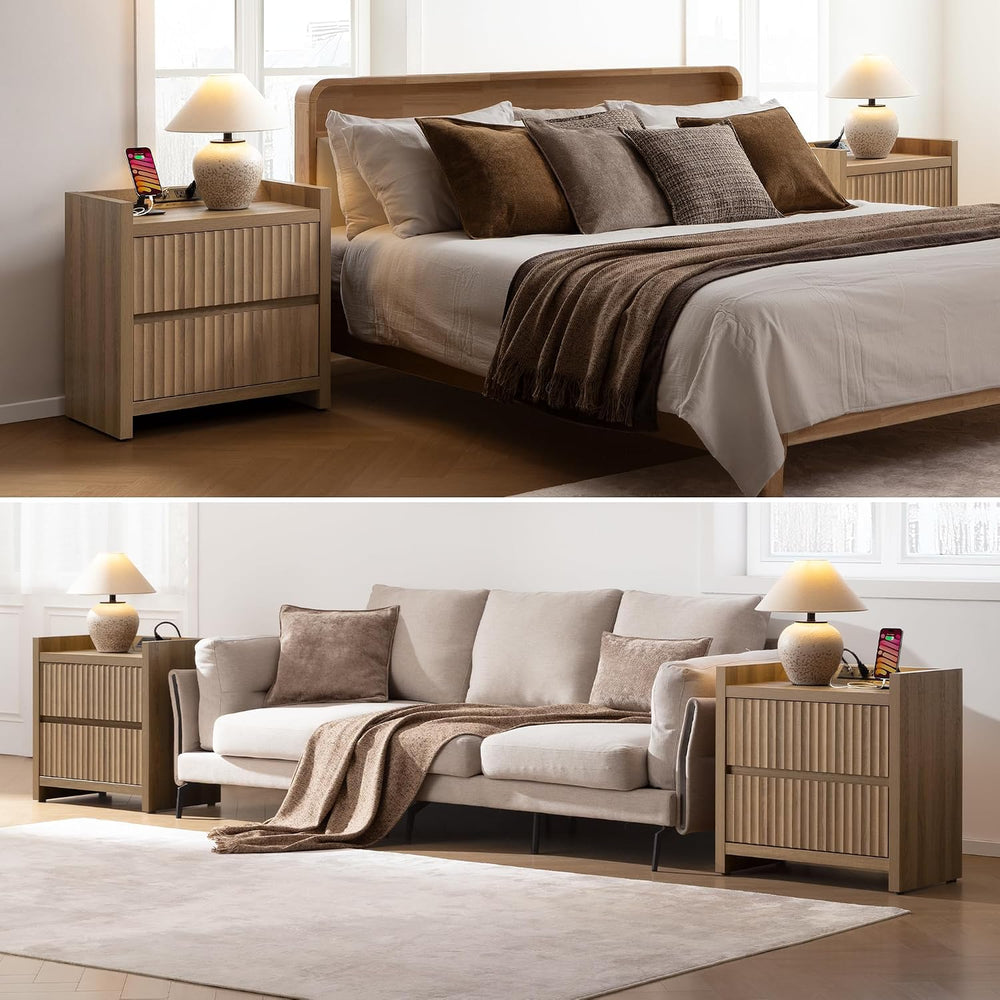 SICOTAS Night Stand Set 2 with Charging Station, Fluted Nightstands