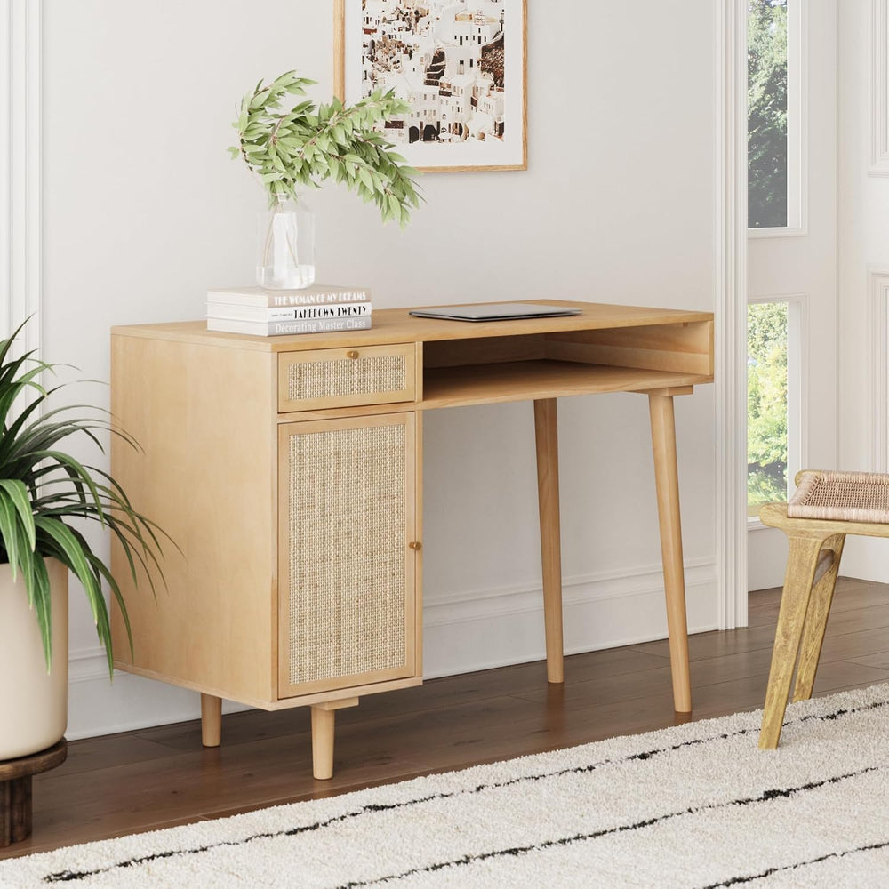 Nathan James Aaron Modern Desk with Storage, Natural Rattan Table with Square...