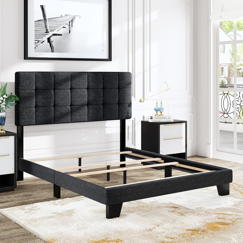 Allewie Queen Size Panel Bed Frame Box Spring Needed Dark Grey