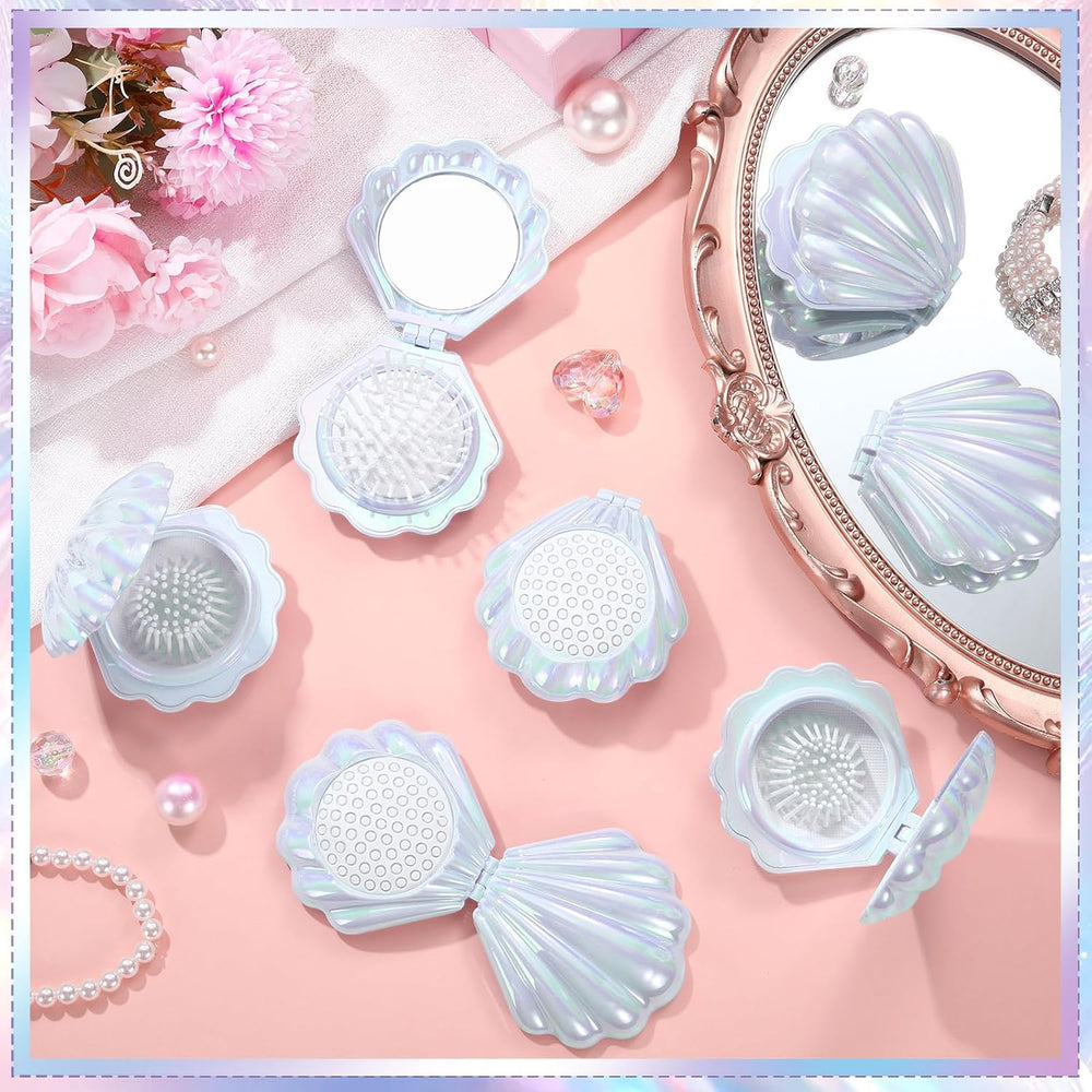 12 Pcs Mermaid Party Favors Shell Hair Brush Mirror, White