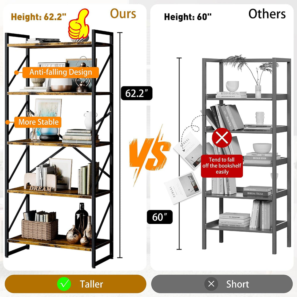 Shintenchi 2 Pieces 5 Tiers Bookshelf, Classically Tall Bookcase Shelf, Indus...