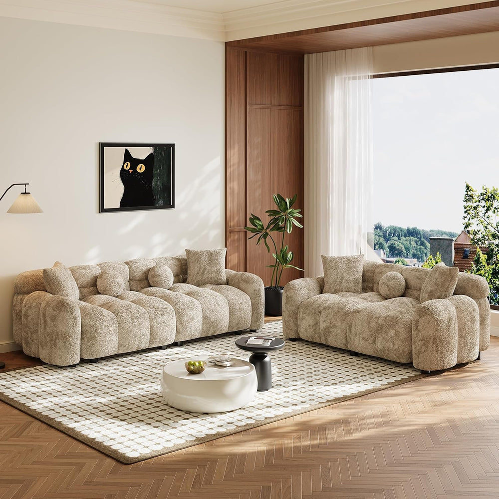 Wrofly 2-Piece Chenille Cloud Sofa Set, Loveseat & 3-Seater, Light Brown