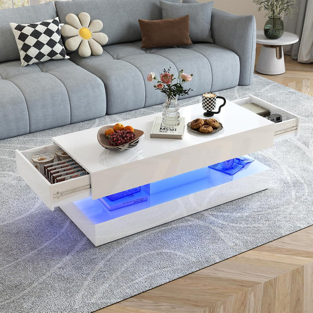 Verano Garden 47" High Gloss LED Coffee Table, Large Storage Center Table