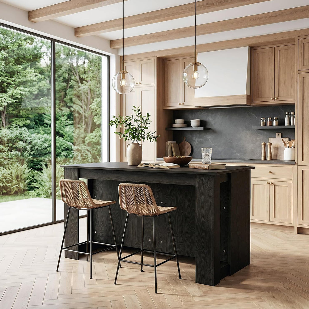 LITTLE TREE 55” Kitchen Island with Seating and Storage, Modern Black Wood St...