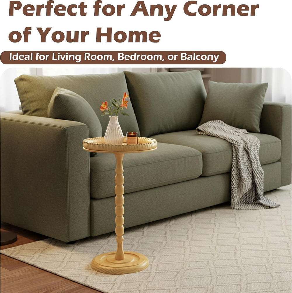 Drink Table, Rattan Round Small Side Table with Soild Leg for Small Spaces